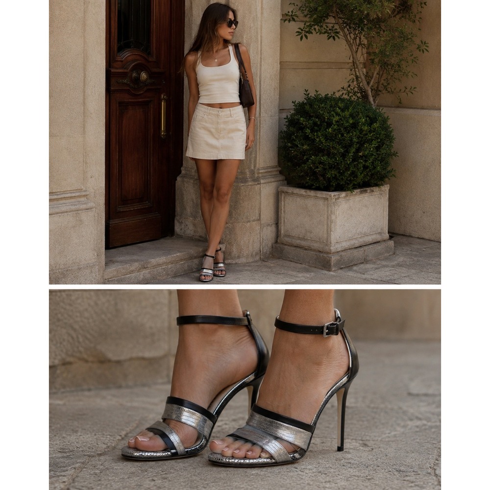BCBGMAXAZRIA Heels Women 6.5 Silver Metallic Snakeskin‎ Strappy Stiletto